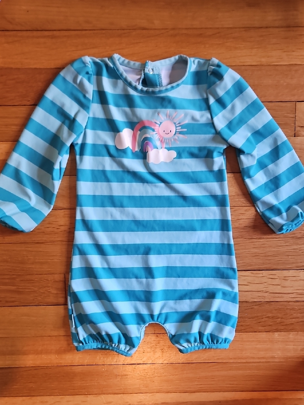 Blue Striped Kids Swim with Pink Sun & Rainbow Graphic